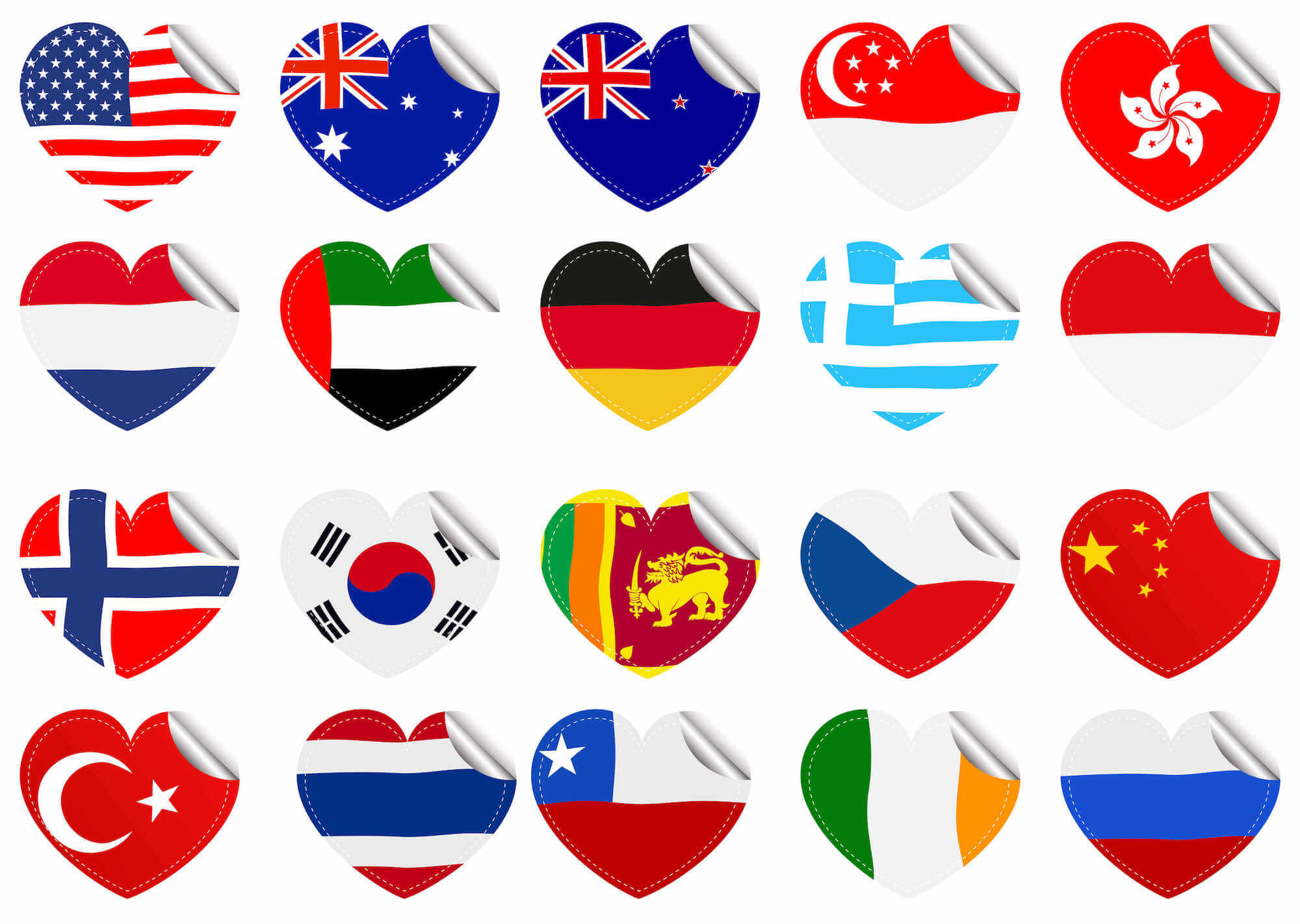 Different countries' flags in the shape of hearts.
