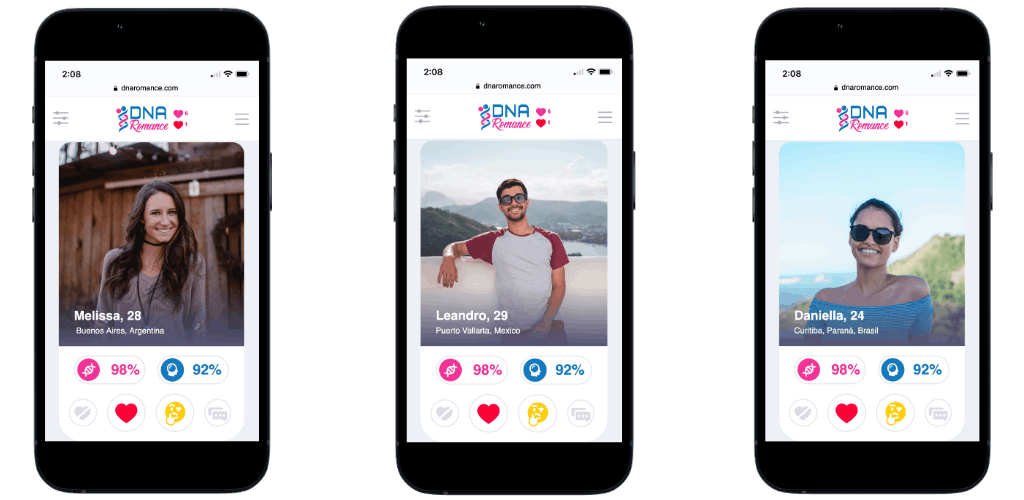 DNA Romance dating app on three phones